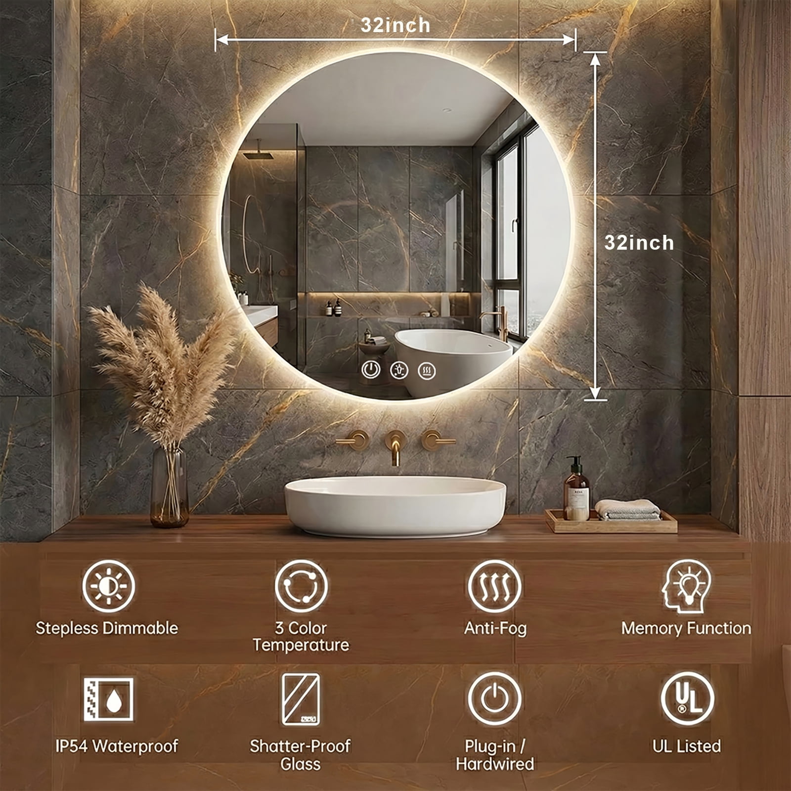 round LED Bathroom Mirror with Lights, Anti-Fog, Dimmable, Backlit Lit, Lighted Bathroom Vanity Mirror for Wall, Memory Function, Tempered Glass, Shatter-Proof, ETL Listed 32x32 in