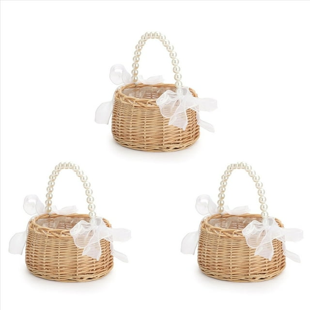 3X Cesta de Mimbre para Niña de Flores para Bodas, Cesta de Flores de Ratán, Cesta de Niña de Flores Hecha A Mano con Asa y Cinta