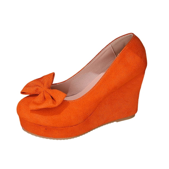 Orange Womens Block Heel Shoes Round Toe High Heel Thick Sole Comfortable Non Slip Soft Sole Bow Durable Lightweight Breathable All Day Walking Use