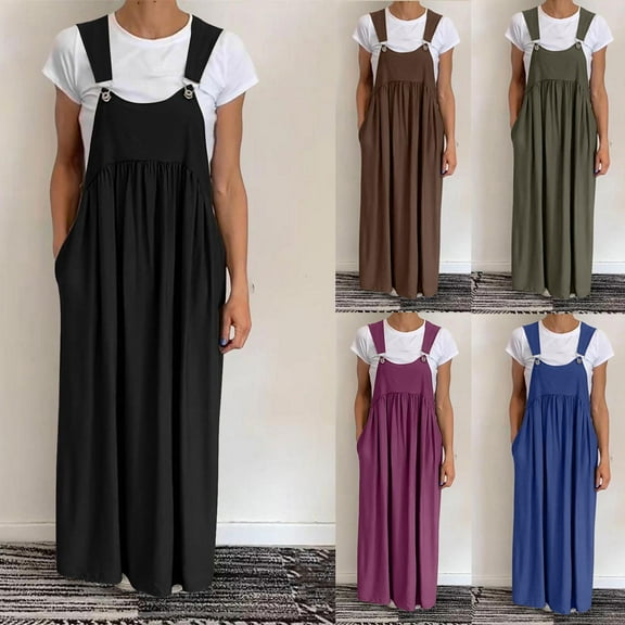 Meichang Overall Dress for Women Summer Loose Pleated Adjustable Straps Maxi Dress with Pockets Casual Jumper Dresses