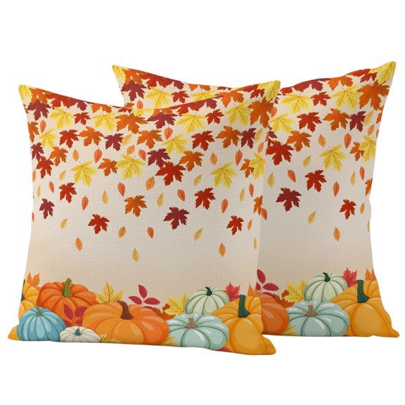 Outdoor Pillow Covers 26x26 Set of 2, Fall Orange Pumpkins Waterproof Patio Throw Pillow Covers for Couch Sofa Chair, Autumn Farmhouse Maple Leaves Decorative Pillowcases for Throw Pillows