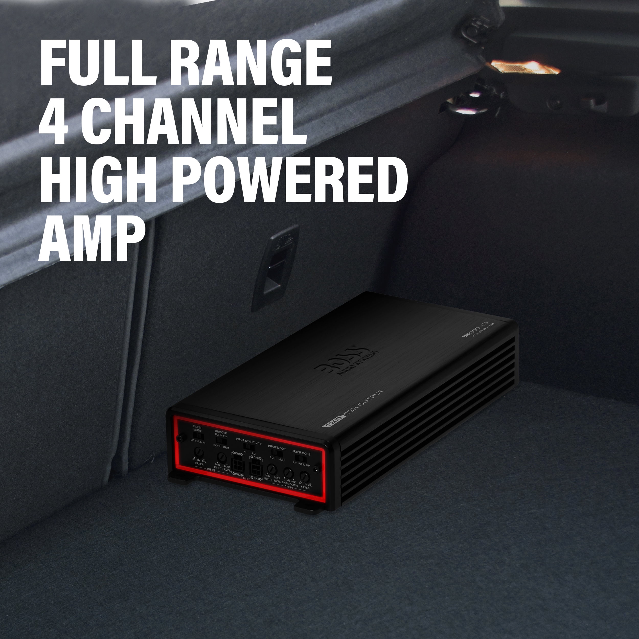 BOSS Audio Systems BE1200.4D Elite Series Car Audio Amplifier 1200 High Output, 4 Channel, Class D, 2/4 Ohm, High/Low Level Inputs, High/Low Pass Crossover, Full Range, Hook Up To Stereo & Subwoofer