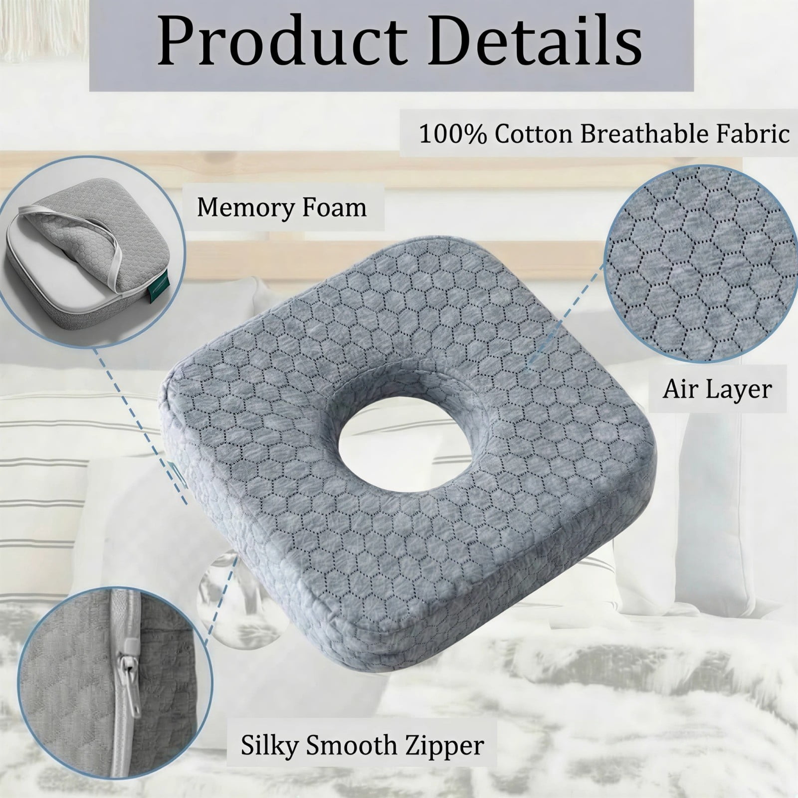 CHARRYARN by TexStead Ear Protection Pillow with Center Hole, Side-Sleeping Pillow, Soft Memory Foam Cushion, Prevents Ear Pressure & Relieves Ear Pain – Breathable & Washable Cover-9*9*2inch-gray