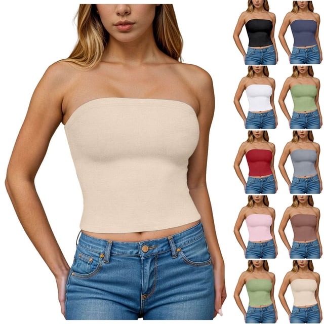 Summer Savings! Horkkom Tube Tops for Women Summer Sexy Strapless Going Out Tops Solid Color Backless Tube Tops S