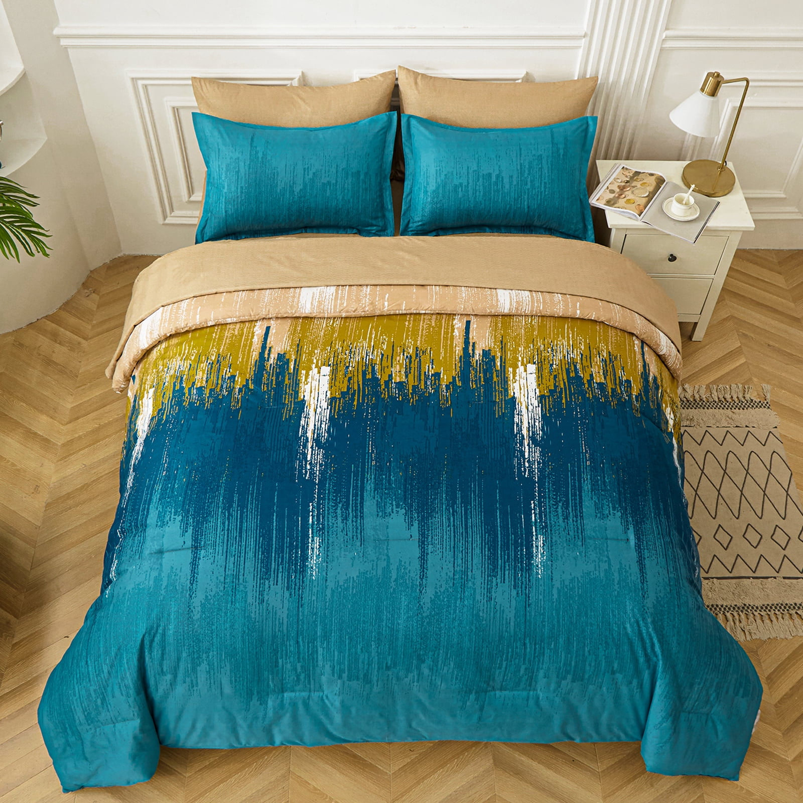 Dintszyayue Comforter Set Queen,Yellow Blue 7Pcs Abstract Gradient Soft Bed in a Bag Adult(90"x90")