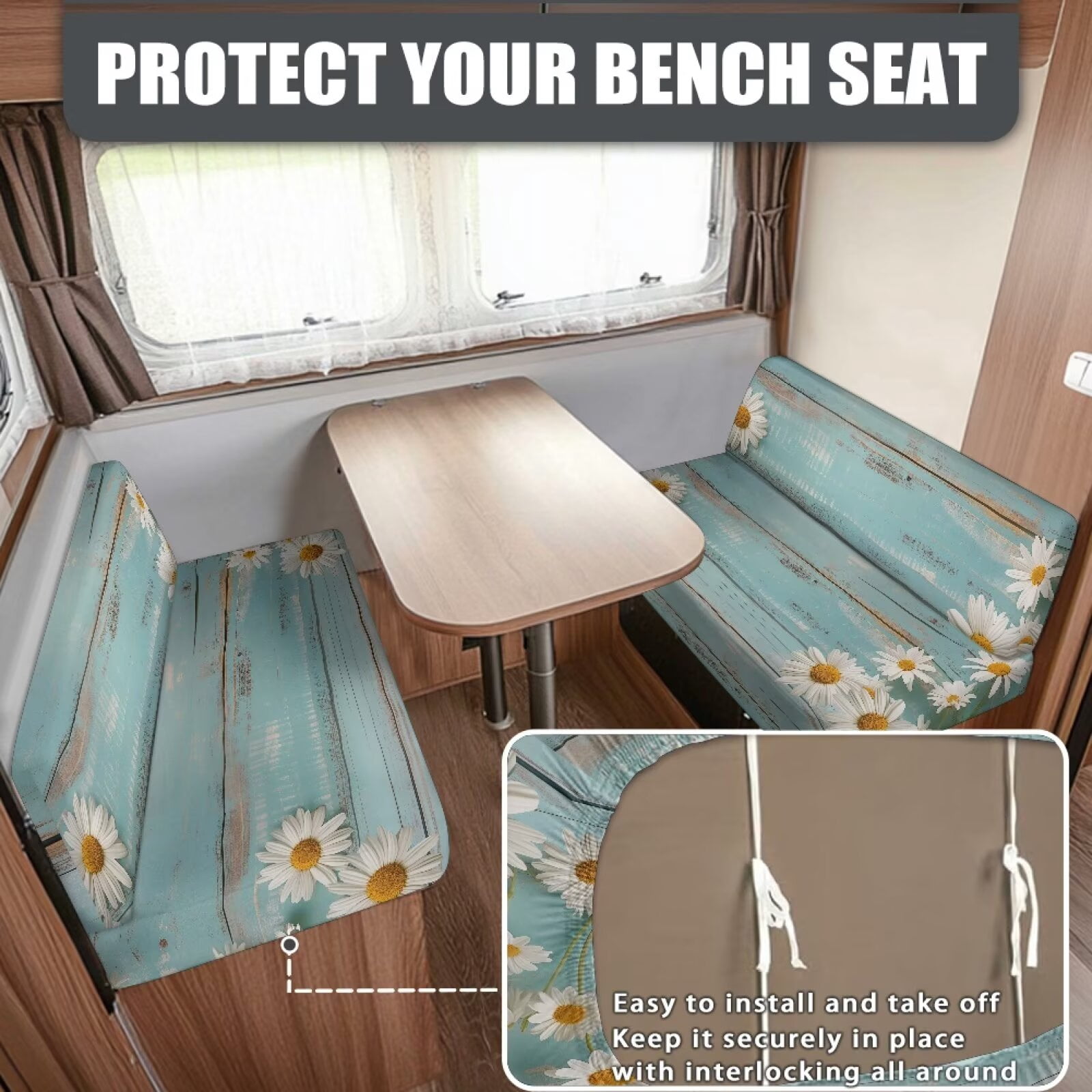 Boatee Beautiful Daisy RV Dinette Cushion Covers Universal Camper Accessories Comfortable Cushion Covers for Couches and Sofas Soft Sofa Slip Covers for 2 Seat Cushion Couch Blue