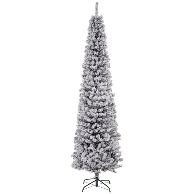 7.5ft Black Flocked Pencil Christmas Tree with Realistic Tips | Slim Holiday Decor for Living Room & Entryway | Metal Stand Included