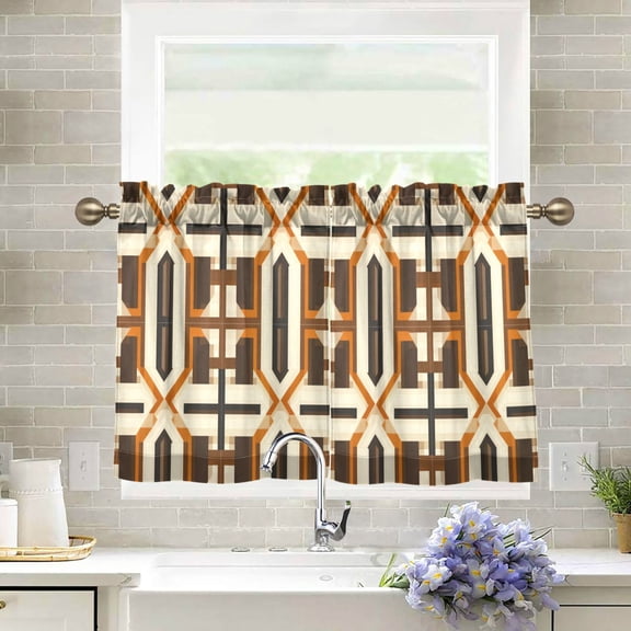 Yayeee Kitchen Curtains Tier Pair Light Filtering 27"x24" Rod Pocket Short Cafe Window Panel, Beige Geometric
