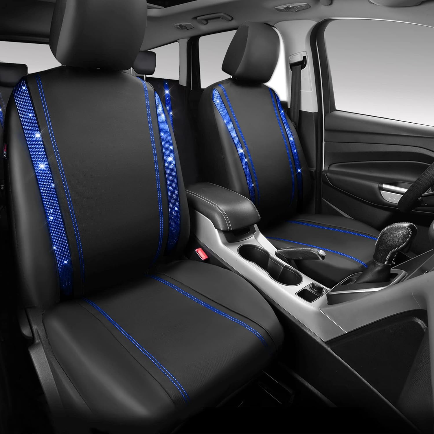 CAR GRAND Bling Car Seat Covers Full Set, Shining Rhinestone Diamond Waterproof Faux Leather, Rear with Zipper, Universal Fit Automotive Glitter Crystal Sparkle Strips for Cute Women Girl, Blue