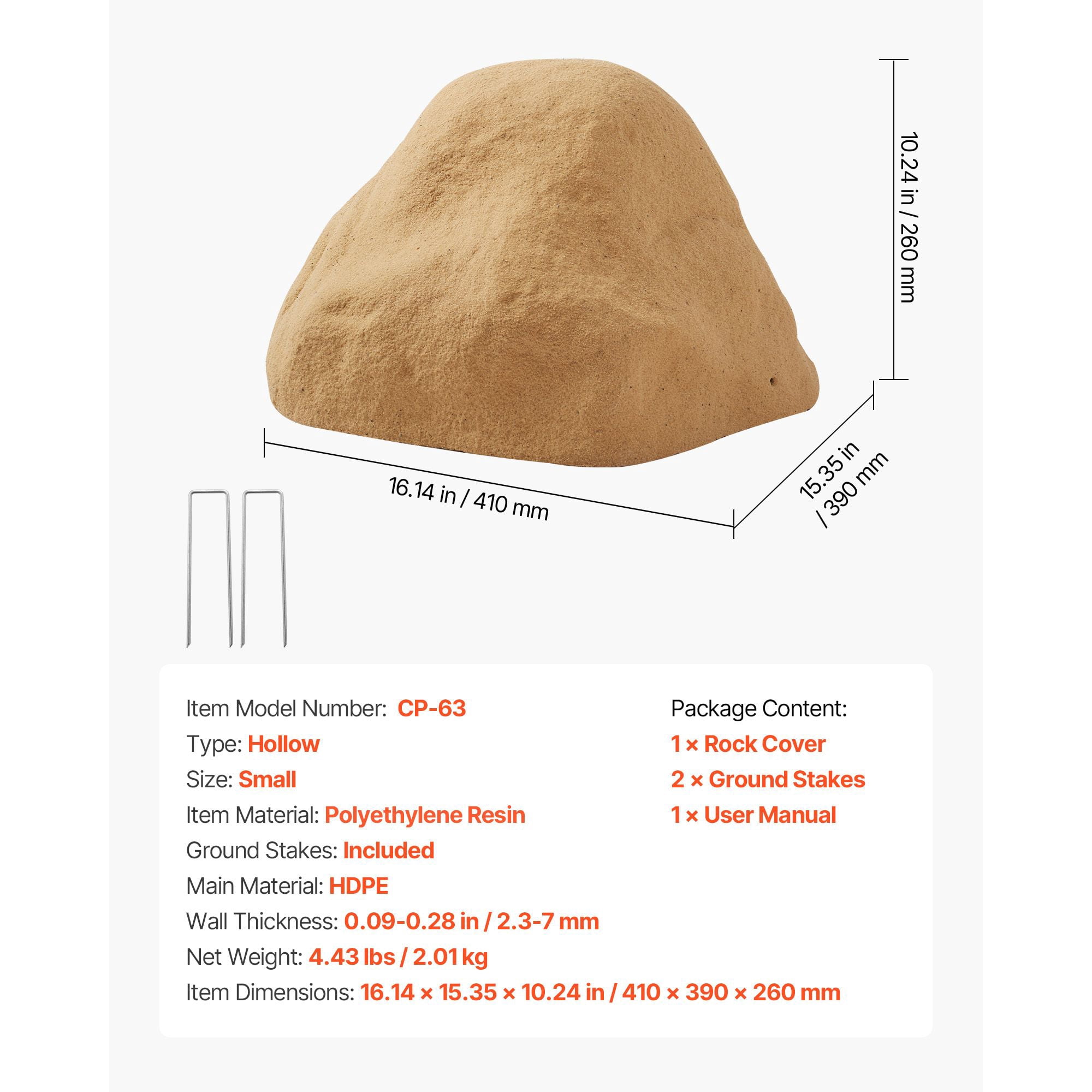 Artificial Fake Rock Cover 16.14 x 15.35 x 10.24 in, HDPE Material, UV-Resistant, Metal Stakes Included, for Well Pump Electrical Box Concealment