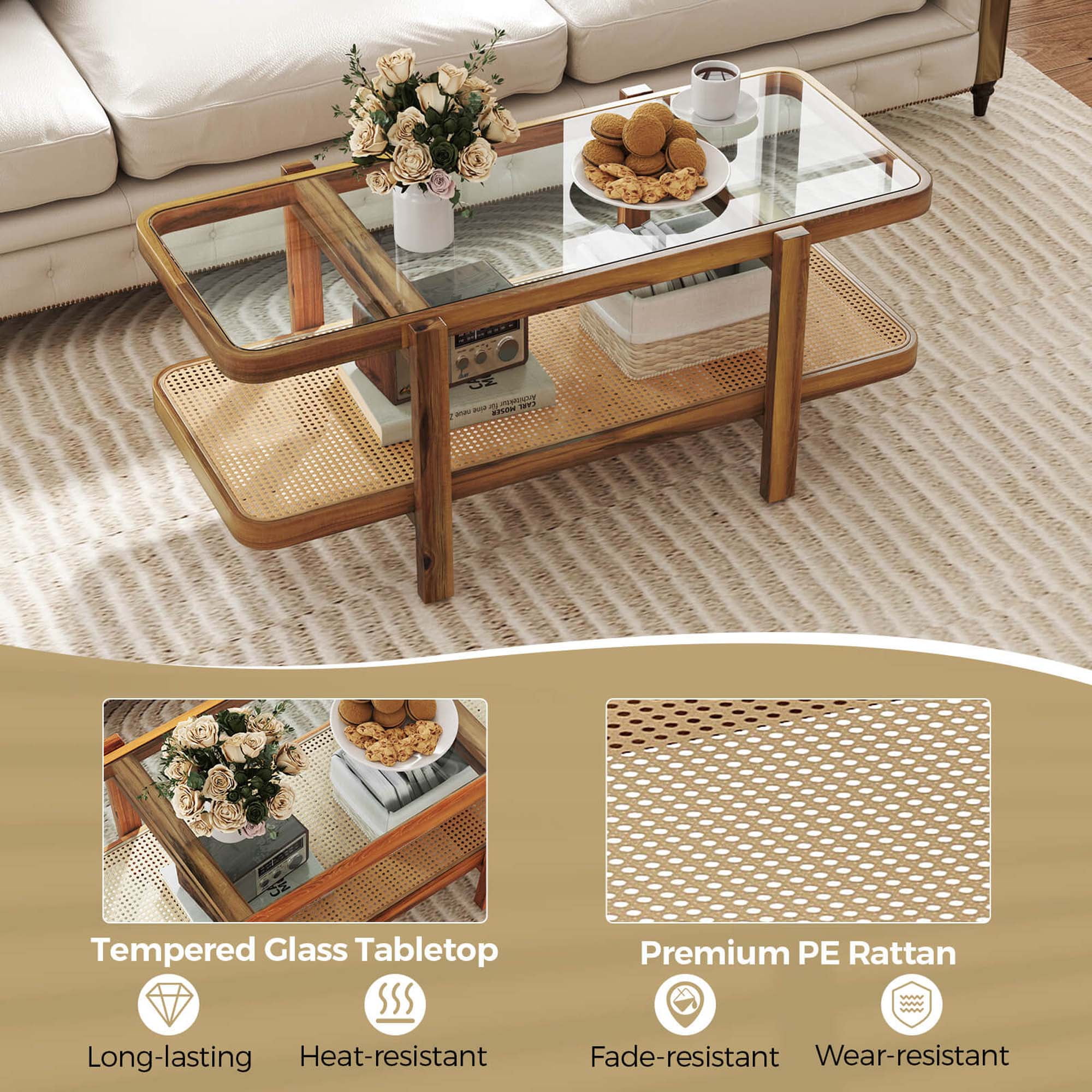 Costway 2-Tier Rustic Coffee Table with Storage Tempered Glass Tabletop PE Rattan Shelf