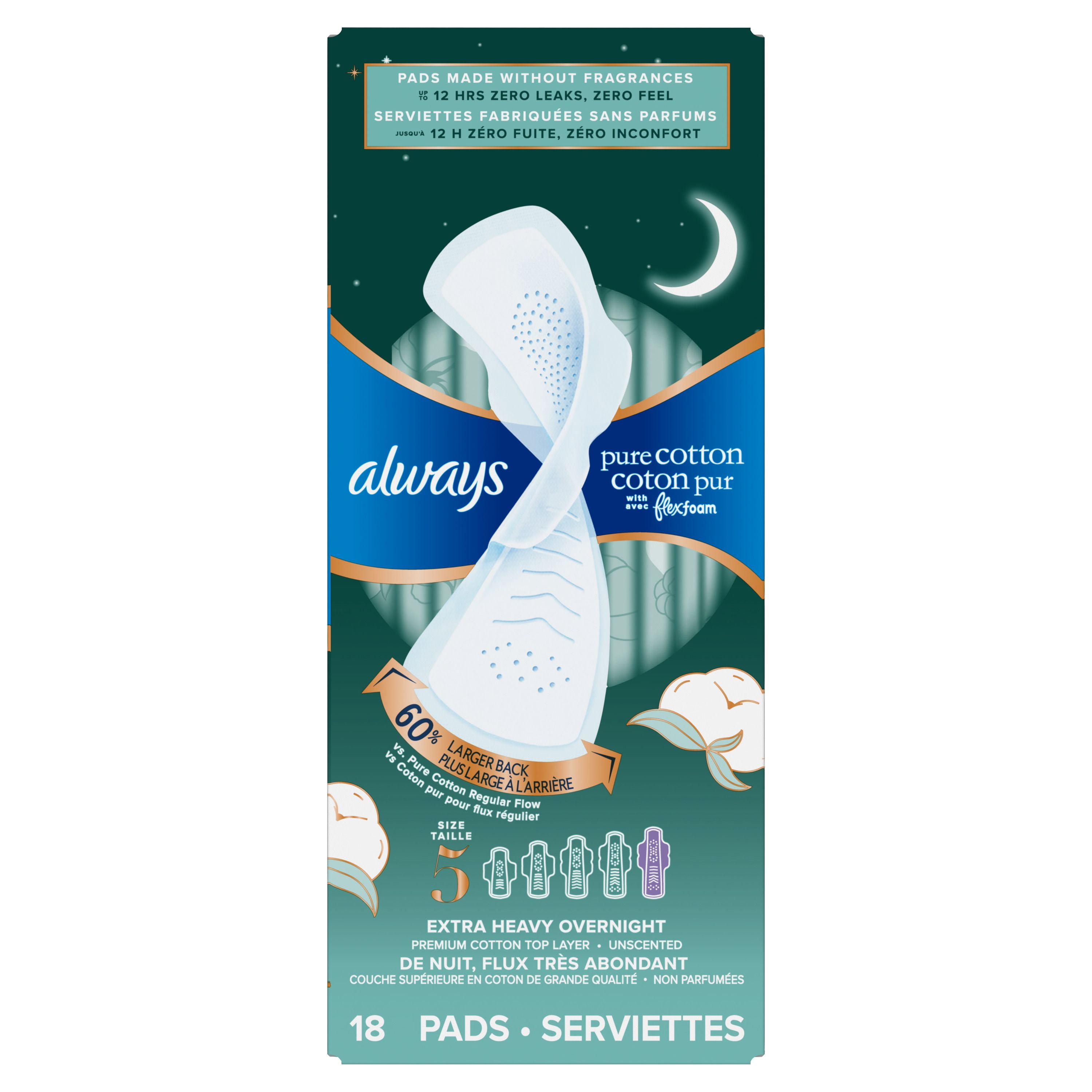 Serviettes Always Pur coton, de nuit, flux très abondant, avec ailes, pour femmes, taille 5, non parfumées 18CT