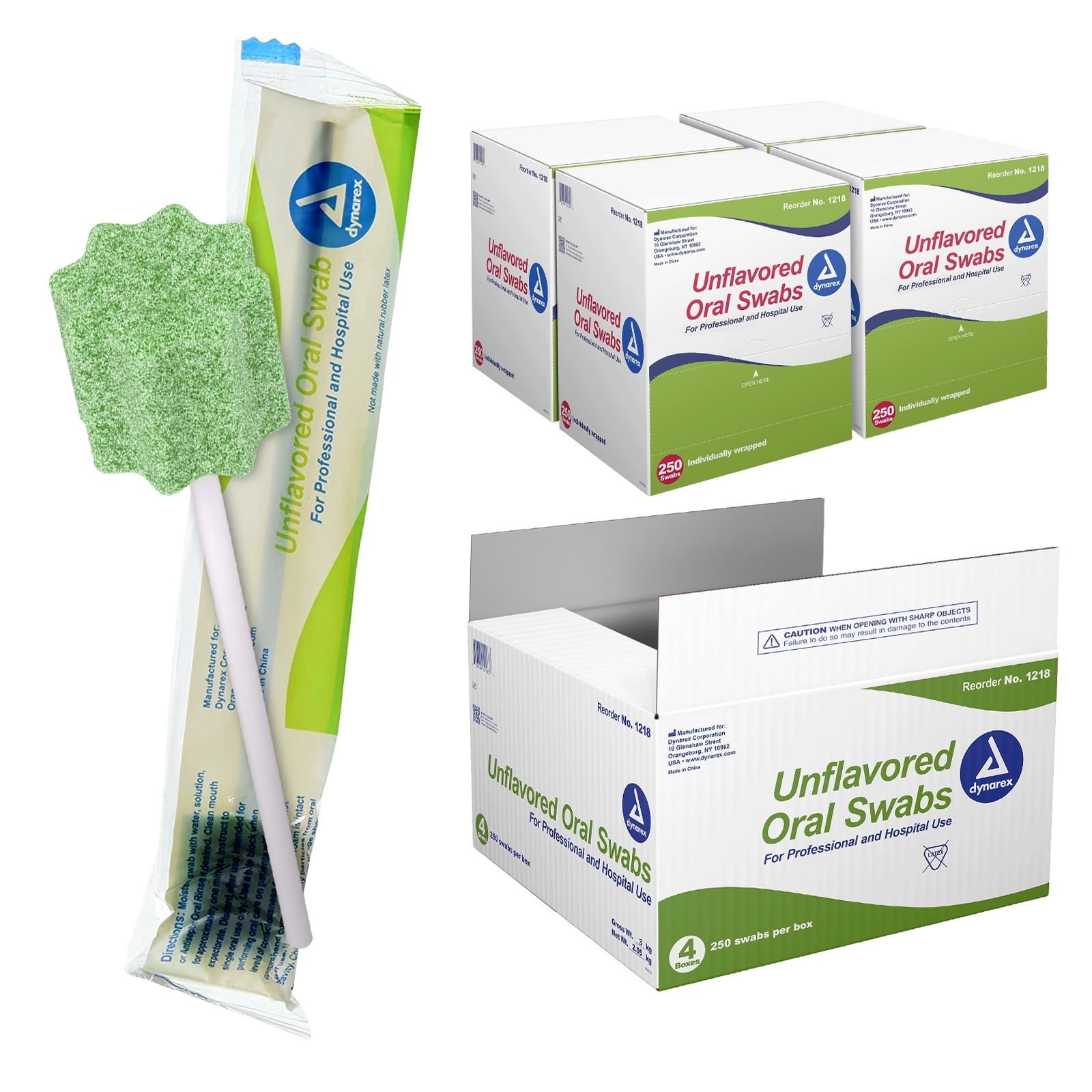 Dynarex Unflavored Oral Swabsticks  Swabs that Gently Clean  Moisten  and Refresh Mouth  Teeth  and Gums  Individually Wrapped - 4 Boxes of 250
