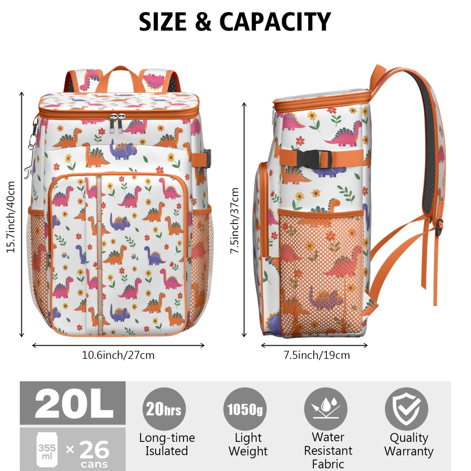 Travel Cooler Bag - White Dinosaurs Flowers Pattern Camping Beer Cooler Backpack with Bottle Opener- Waterproof Insulated Picnic Backpacks - Cooler Bag for Beach