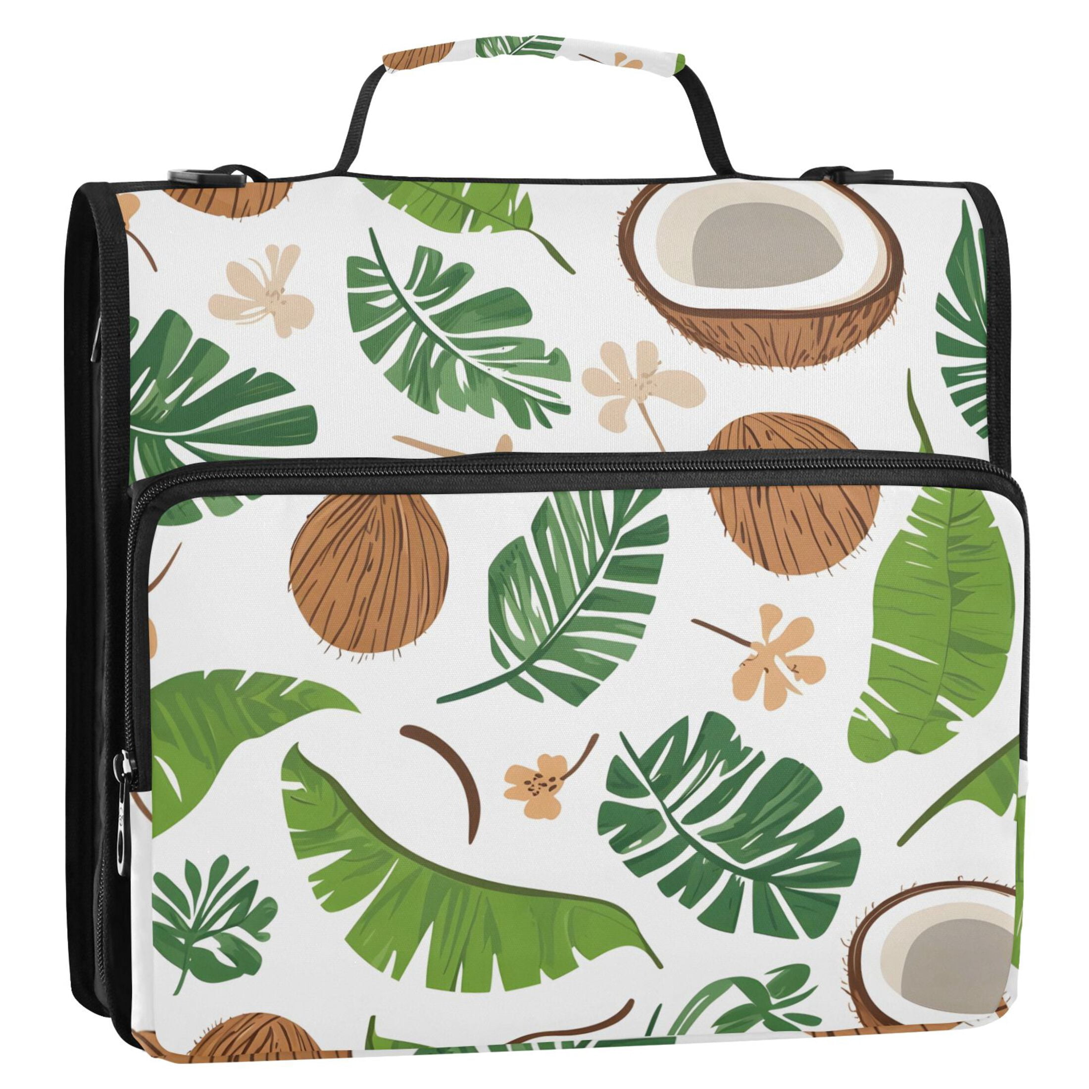 3 Ring Zipper Binder with Shoulder Strap Waterproof Trapper Keeper 2 Inch D-Ring 500 Sheets Capacity Coconut Tropical Palm Leaves
