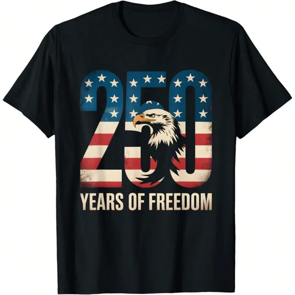 Patriotic 250 Years of Freedom T-Shirt American Flag Bald Eagle Graphic Tee for Men