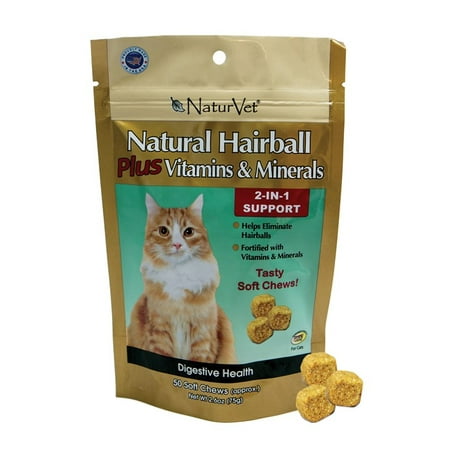 NaturVet Natural Hairball Plus Vitamins & Minerals 2-in-1 Digestive Health Soft Chews Cat Supplement, 50 Ct