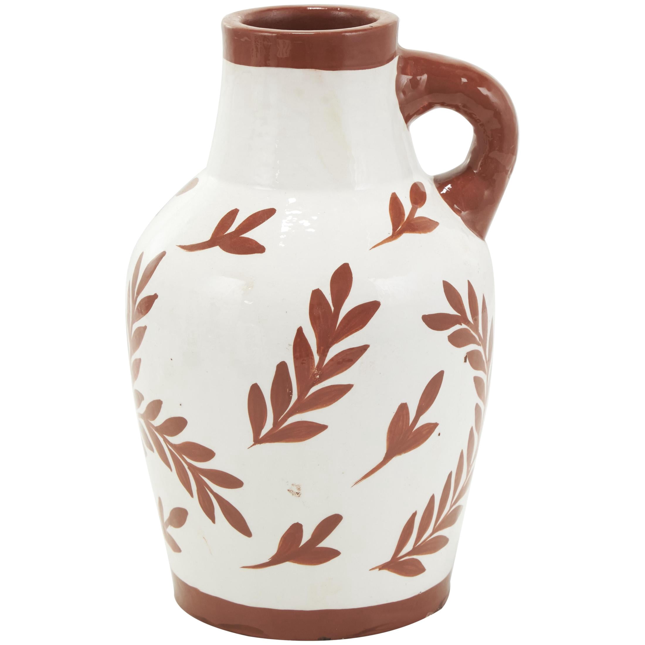DecMode 6"W, 9"H Floral White Ceramic Vase with Terracotta Colored Detailing, Set of 3