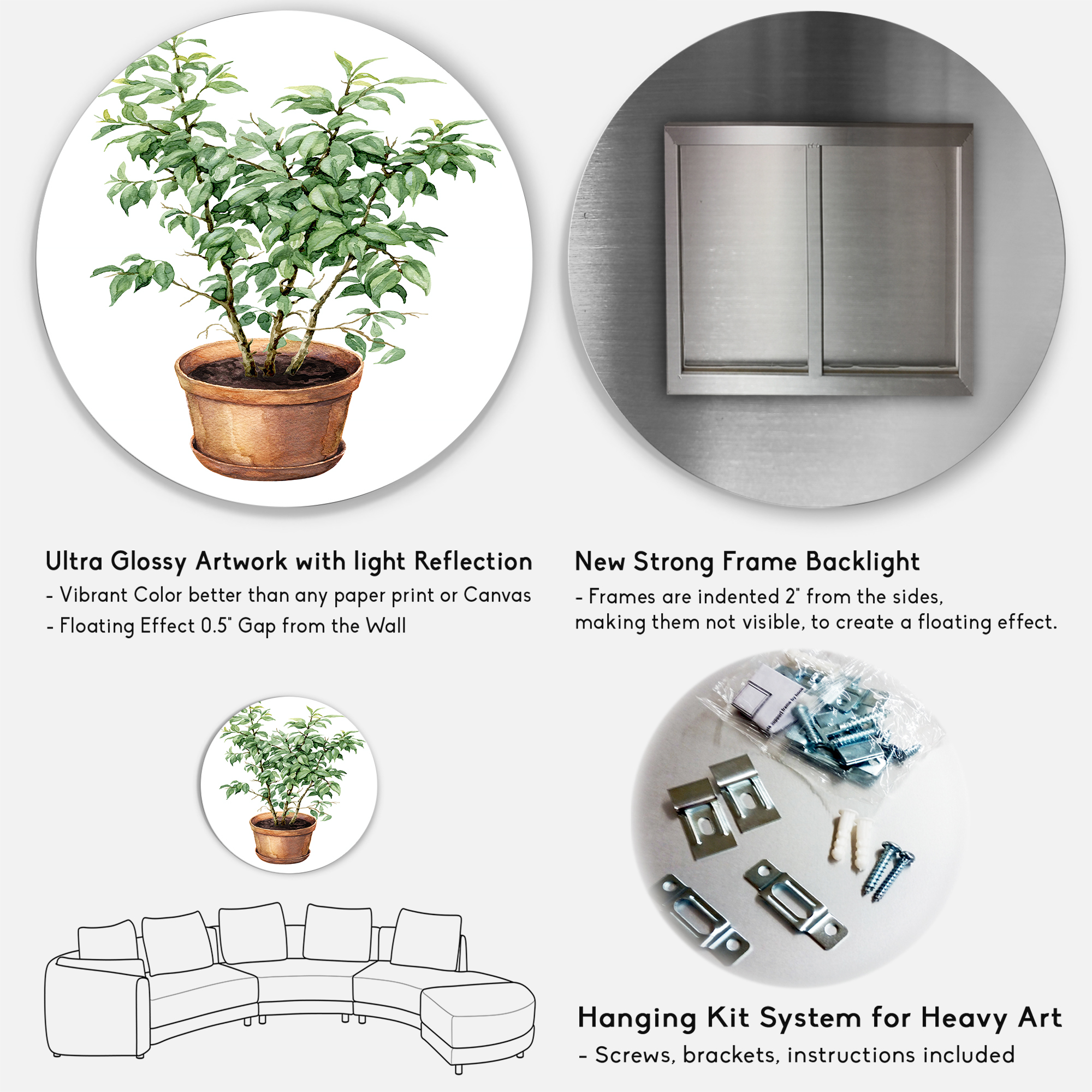 Designart 'Ficus Benjamina Plant In Clay Flowerpot' Traditional Circle Metal Wall Art 23x23 - Disc of 23