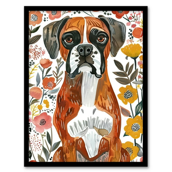 Artery8 Boxer Dog Lover Watercolour Floral Portrait Living Room Art Print Framed Poster Wall Decor 12x16 inch