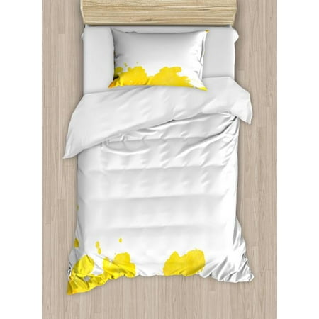 Vintage Yellow Twin Size Duvet Cover Set White Background With Grunge Looking Watercolor Stains Artistic Design Decorative 2 Piece Bedding