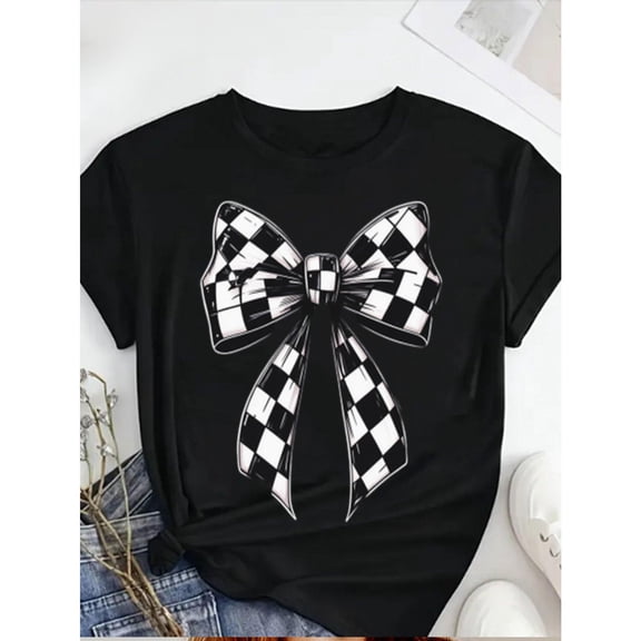 Women's Super Delightful "Checkered Bow" - Inspired Graphic Tees, Eye - catching Monochrome Print T - shirts, Super Comfortable Short Sleeve Casual Shirts