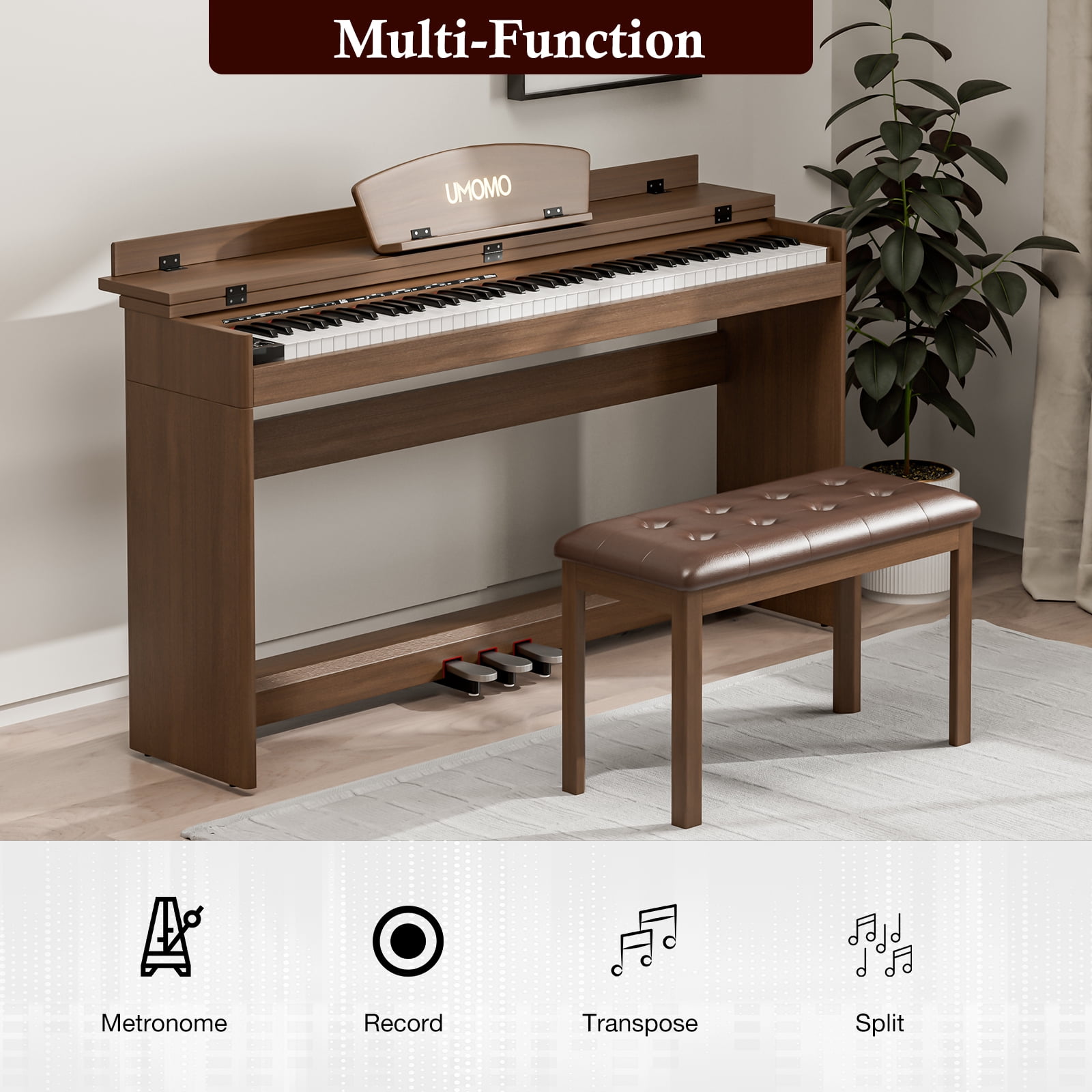 UMOMO 88 Key Digital Piano Keyboard with Piano Bench, Full Size Electric Piano with Piano Stand, Headphone Jack, 3 Pedal, Electronic Piano for Beginner, Adults, Brown