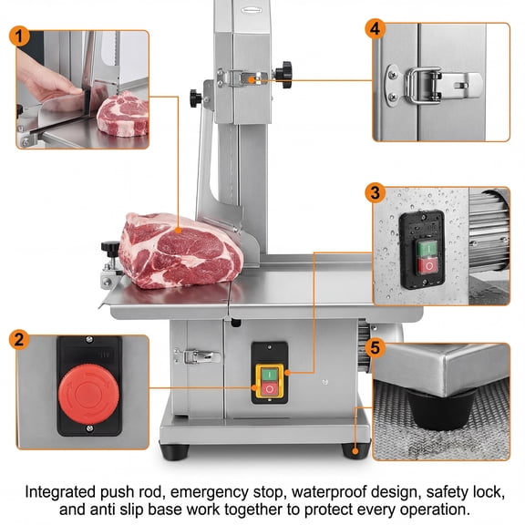 1500W 110V Stainless Steel Electric Bone Saw Machine, Meat Bandsaw with 0.04"-4" Thickness & 0.04"-8" Height, Frozen Meat Cutter, Meat Cutting Machine for Lamb, Fish