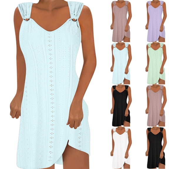 Ahuyic Womens Summer Casual Dress,Womens Plus Size Dress,Womens Casual Loose Solid-neck Lock Short Sleeved Dress,Purple,XL