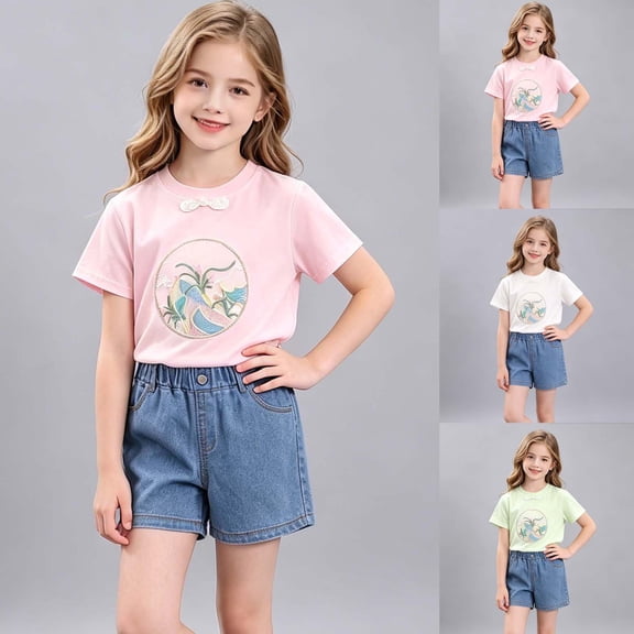 Rvasteizo Girls Outfit Set Print Bow Short Sleeve Top Denim Short Pant With Pocket Toddler Summer Set for 0-6 Years