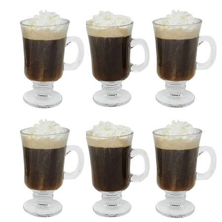 Irish Coffee Glass Coffee Mugs Footed Regal Shape 8 oz. Set of 6 Thick Wall Glass Cappuccinos, Mulled Ciders, Hot Chocolates, Ice cream and More!