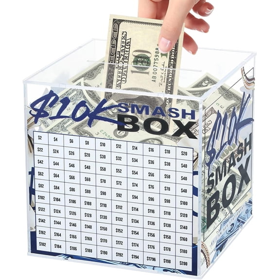 10K Smash Box Money Saving Challenge Unbreakable Piggy Bank for Adults Save $10,000 Money Saving Challenge Box, Clear Acrylic Saver Box for Cash Must Break to Open