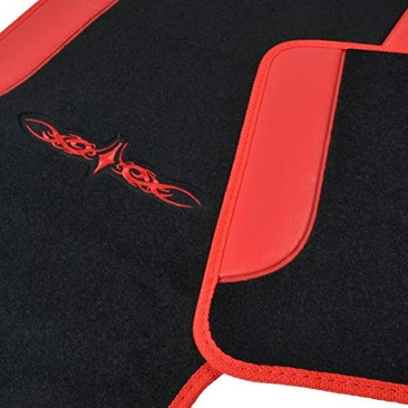 A Set of 4 Universal Fit Plush Carpet with Vinyl Trim Floor Mats For Cars / Trucks (Red)