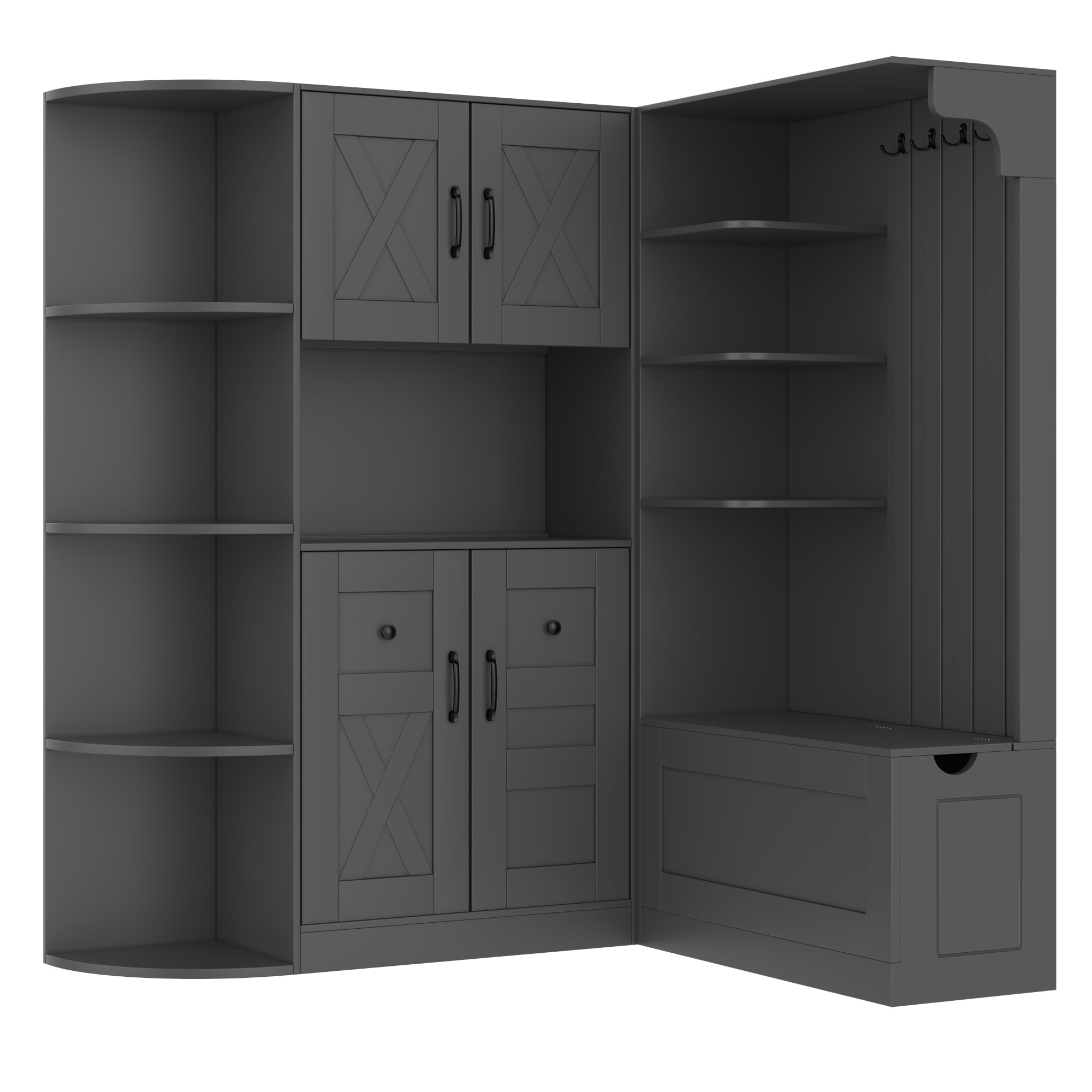 T-Foyer Farmhouse Black Detachable Hall Tree with 4 Hooks & Bench, Wooden Rustic Entryway Organizer with Open Storage & 2 Cabinets