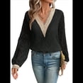 thumbnail image 3 of Blusas Elegantes e Informales con Cuello en V para Mujer, Blusas de Encaje de Larga, Blusas Tipo Túnica de Jacquard A para Otoño. Negro M, 3 of 9