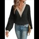 thumbnail image 3 of Blusas Elegantes e Informales con Cuello en V para Mujer, Blusas de Encaje de Larga, Blusas Tipo Túnica de Jacquard A para Otoño. Negro L, 3 of 9