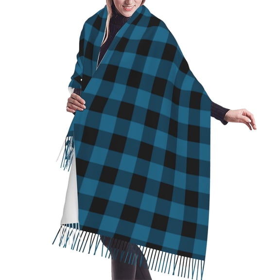 Shawl Wraps for Women - Blue black plaid Oversized Fall Winter Fashion Blanket Scarf for Women