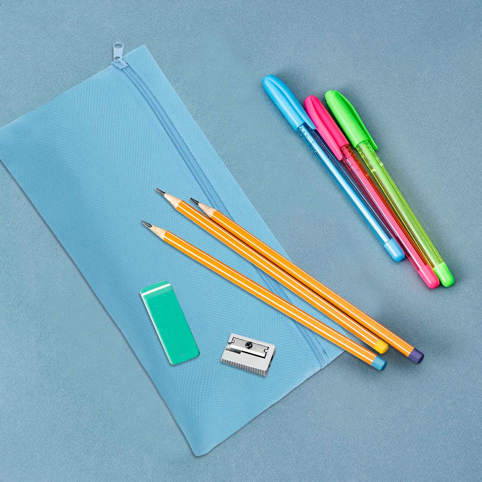 Unique Bargains Pencil Case Canvas Large Capacity Stationery Pen Bag for Office Light Blue