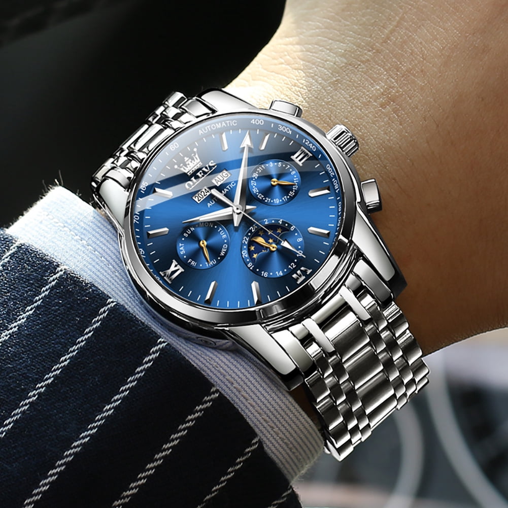 OLEVS Automatic Watches for Mens Self Winding Mechanical Multifunction Chronograph Luxury Business Dress Moon Phase Stainless Steel Waterproof Luminous Calendar Mens Wrist Watches Reloj Para Hombre