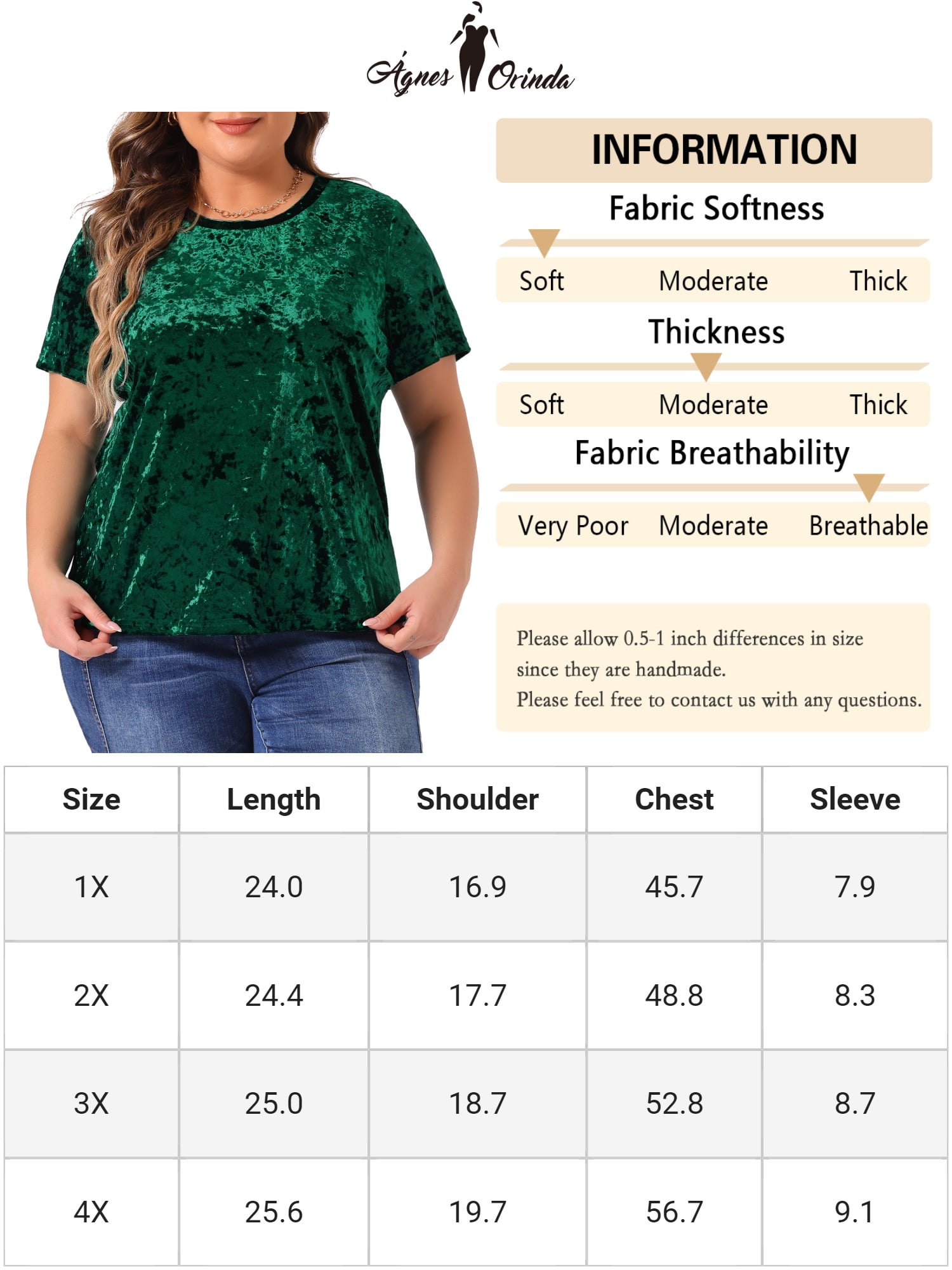 DARING DIVA Women's Plus Crew Neck Short Sleeve Tee Tops Velvet T-Shirt 1X Dark Green