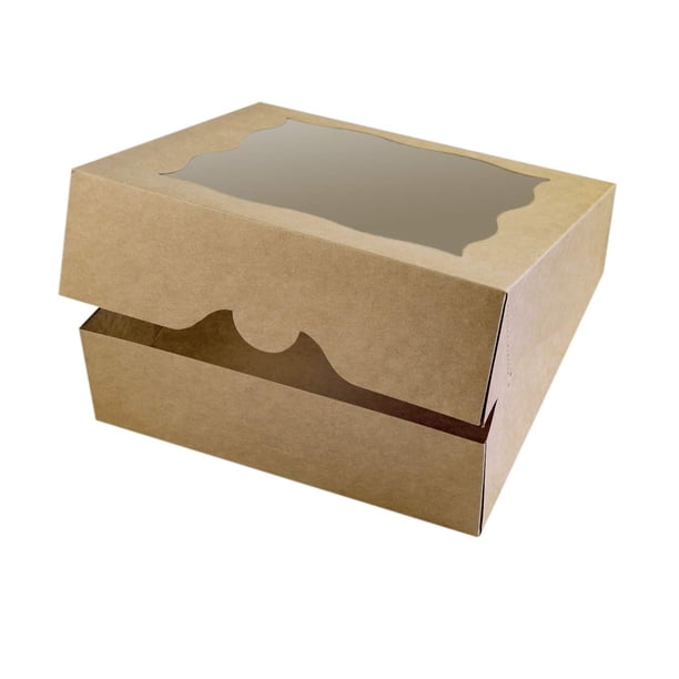 Cajas para panadería CHERRY, paquete de 15 unidades, 25 x 25 x 8 cm, con ventana de PVC, color marrón