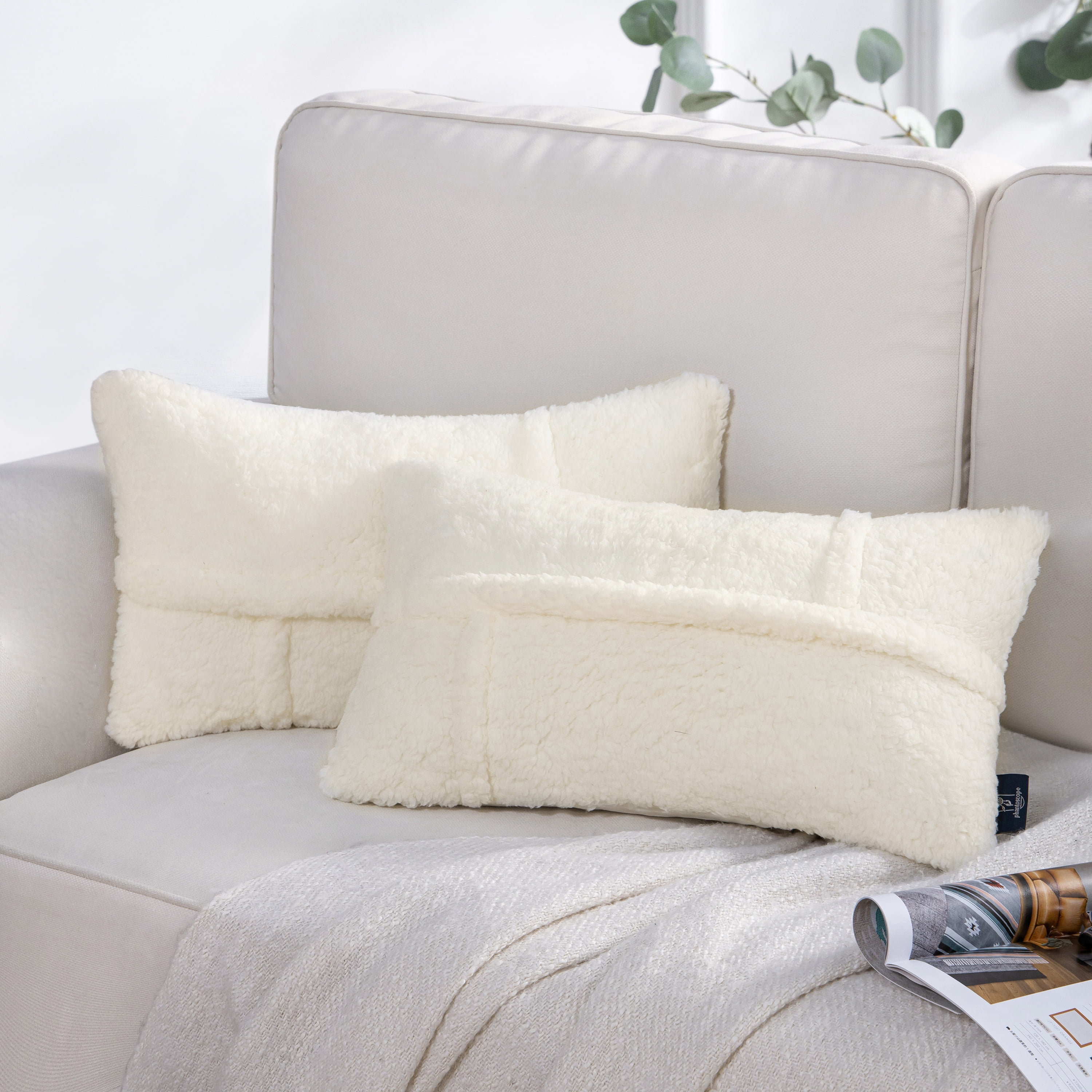 Phantoscope Sherpa Faux Fur Throw Pillows, Soft Fluffy Decorative Accent Pillows, White, 12 x 20 in, Set of 2