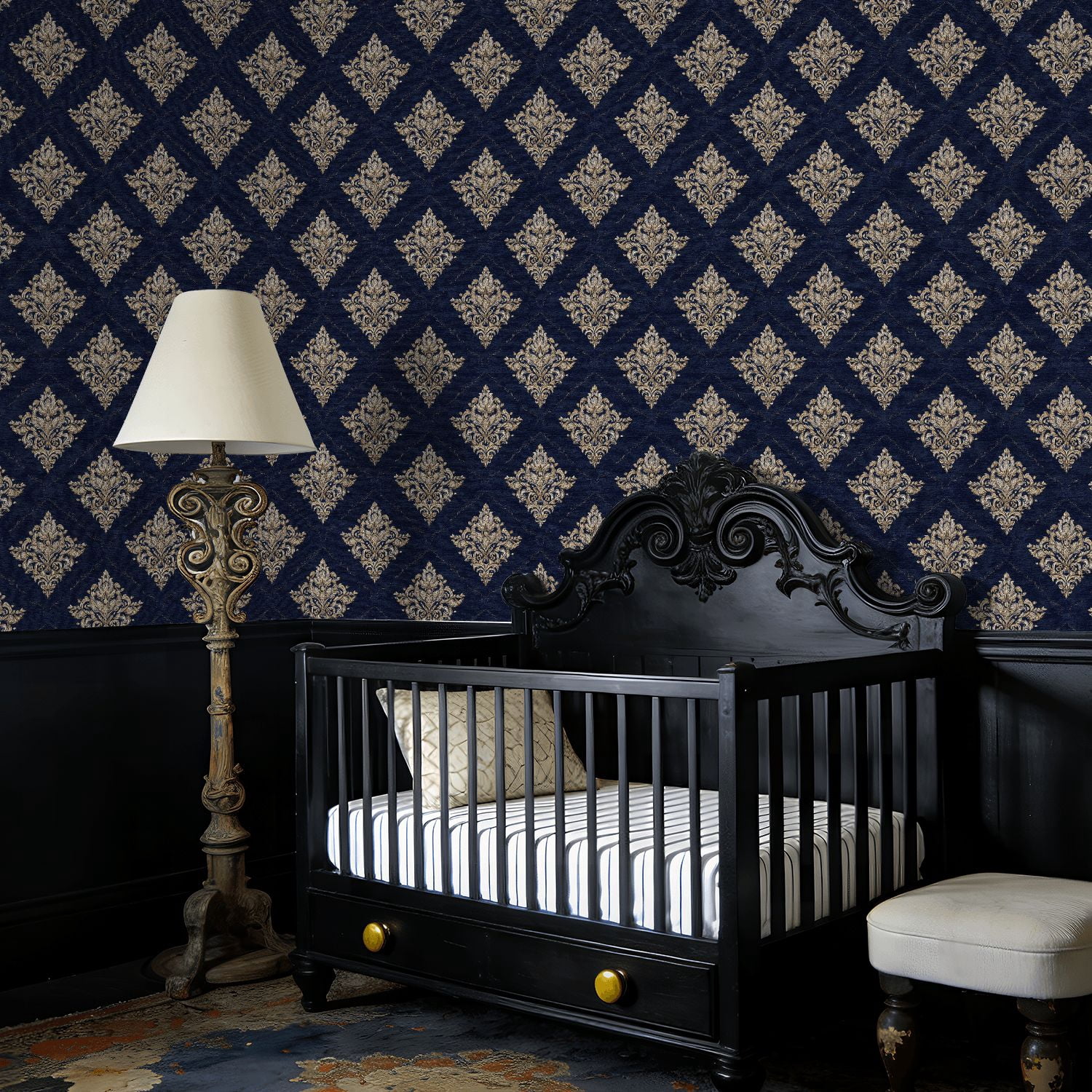 Baroque Peel and Stick Wallpaper Vintage Luxury Damask Ornate Gold Floral Navy Wall Mural 17.7in x 9.8ft Self Adhesive Removable Wall Paper Renter Friendly Wallpaper for Bedroom Livingroom Men