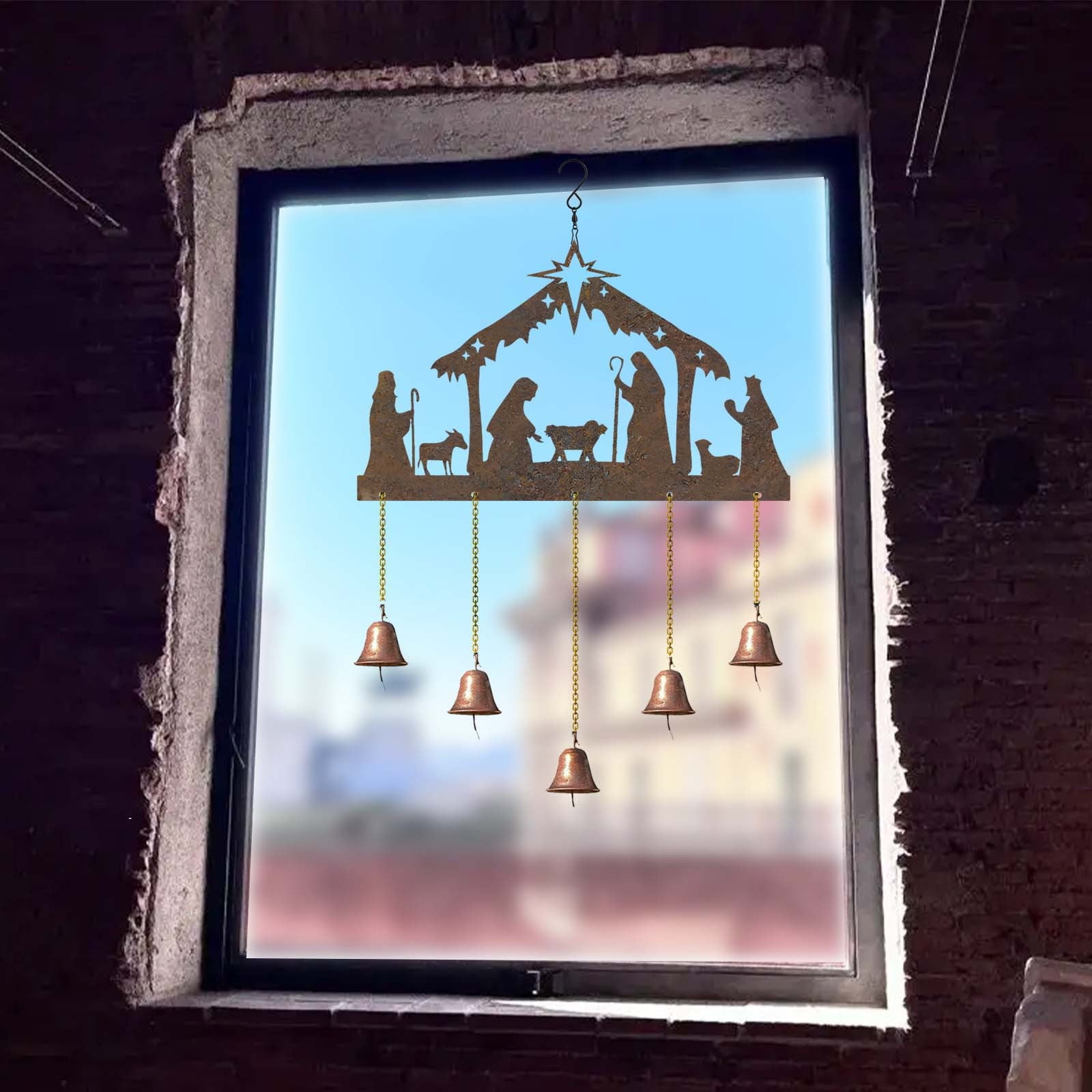 Nativity Theme Iron Wind Chime 11.81x19.69in Indoor Outdoor Hanging Decor Musical Holiday Christmas Garden Patio Decorative Art Piece Anniversary Present