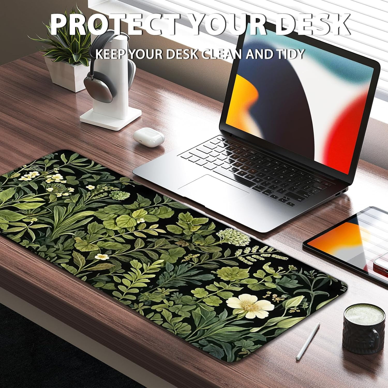 Gaming Mouse Pad Flower Botanical Extra Large, Oversized VintageFloral Plant Mousepad Non-Slip Base Stitched Edges, Long Desk Mat for Keyboard Mouse 15.7”x 34.7”XXL Gift for Christmas, for Women Men