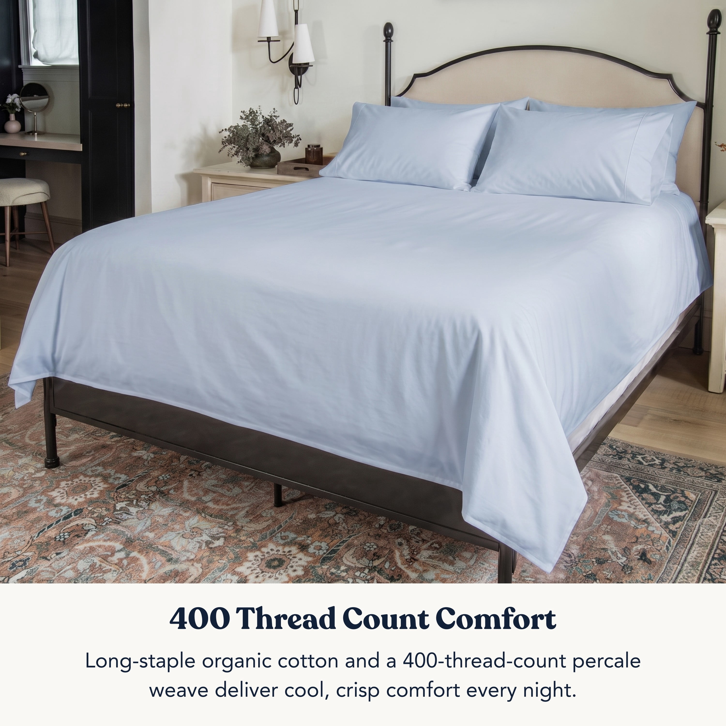 Delara King Organic Cotton Percale Pillowcase Set 2 Pack, 21"x36", 400 Thread Count, Soft Silky Bedding, GOTS Certified, Light Blue