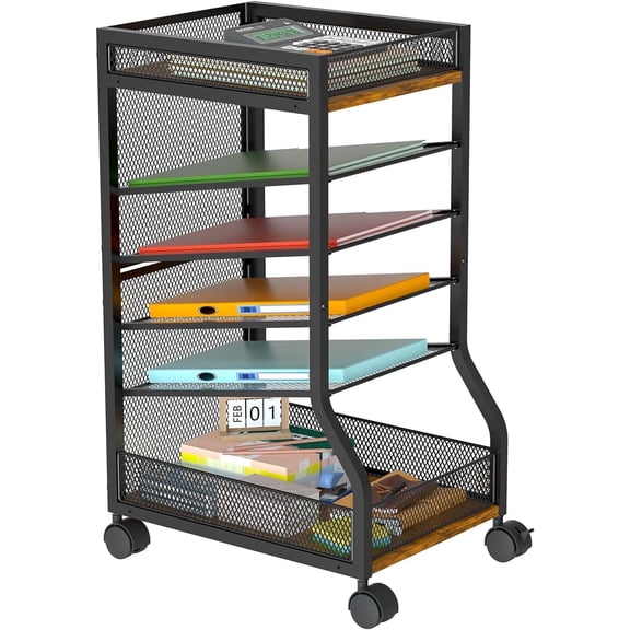 X-COSRACK 6-Tier Slim Rolling File Cart, Under Desk File Organizer with Sliding Mesh Letter Trays & Wood Top, Mobile Office Paper Storage Stand with Wheels, Black