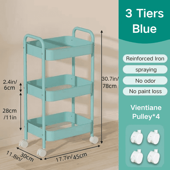 FTCBJJA Carbon Steel Storage Cart, 3-Tier Rolling Storage Mobile Utility Cart, Living Room, Kitchen Sorting Metal Storage Organizer Blue