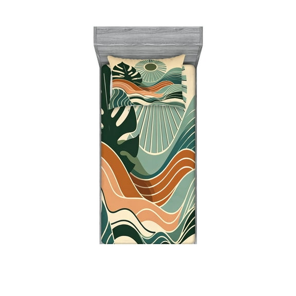 Ambesonne Monstera Fitted Sheet & Pillow Sham Set, Abstract Landscape Boho, Twin, Evergreen Pale Seafoam