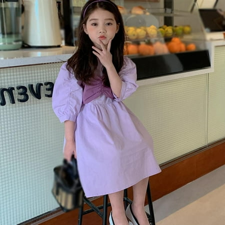 

Girls Bow Short-sleeved Princess Dresses Mid-Calf Elegant Dress for School Party Casual Purple